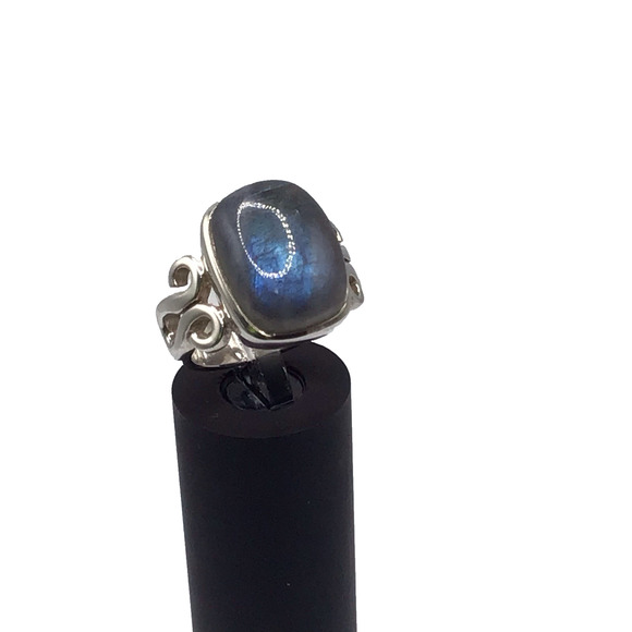 925 Sterling Silver Labradorite Cocktail Ring Size 7 Oval Cabochon Scroll Design - Picture 1 of 13